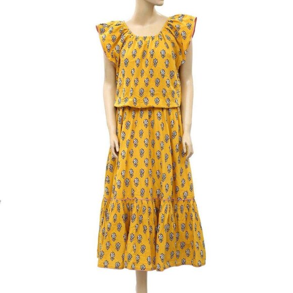 Rhode Resort Floral Printed Yellow Midi Dress Cotton Flared Boho M New